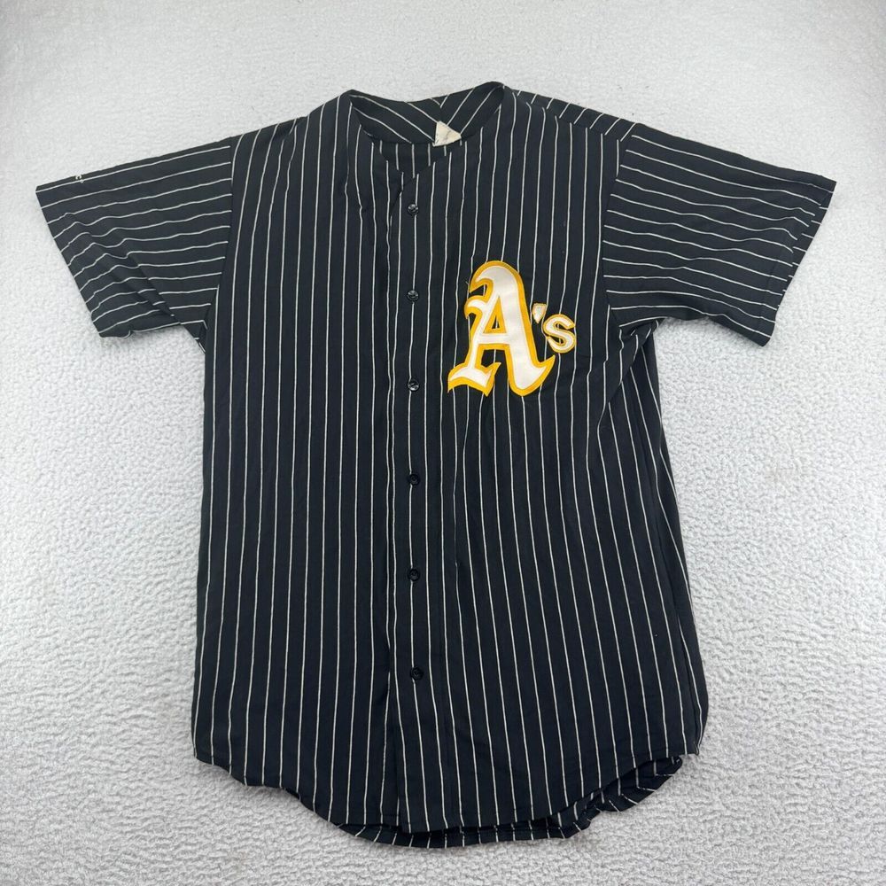 Vintage Majestic Oakland Athletics Blank Jersey Mens Large Black‎ Pinstripes USA